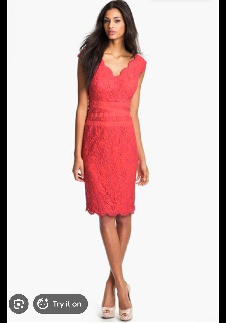 Tadashi Shoji Coral Red Embroidered Lace V-Neck Sheath Dress Size 0 Romantic